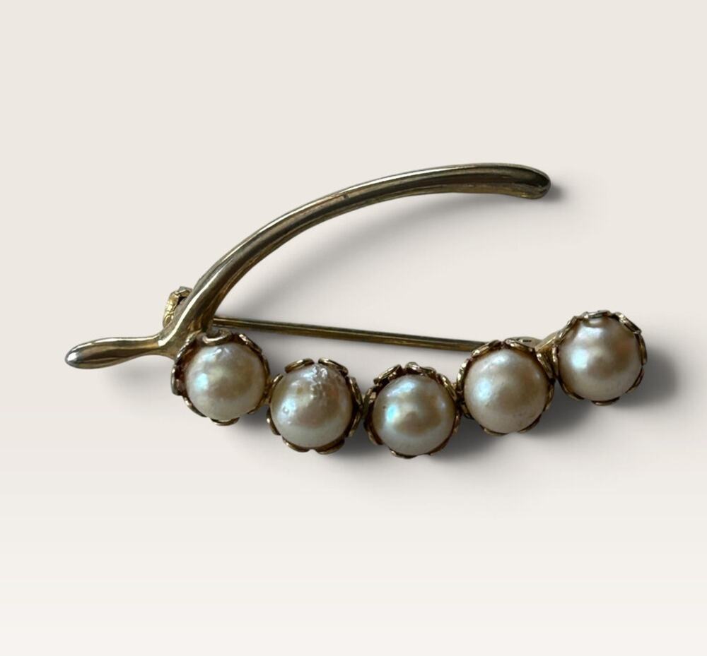 Vintage Gold Tone Faux Pearl Spray Wishbone Brooch